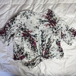 LUQ Rhee Tie-Front Blouse Stitch Fix Floral Boho V-Neck Rayon Top Cottagecore L